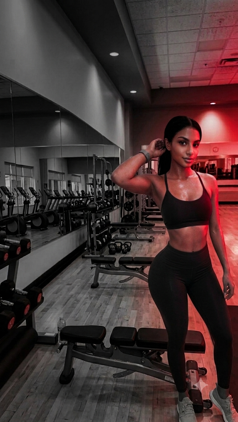 Athletic woman in a moody fitness studio